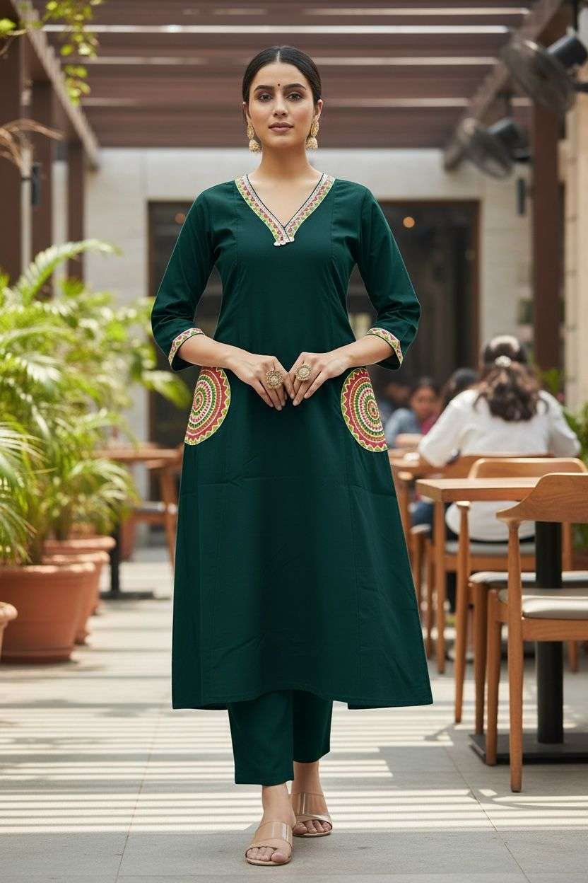 Cotton print kurti-set with embroidered