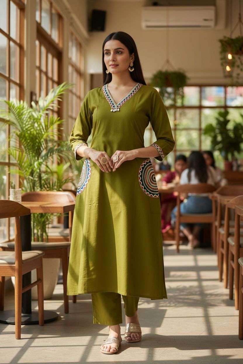 Cotton print kurti-set with embroidered