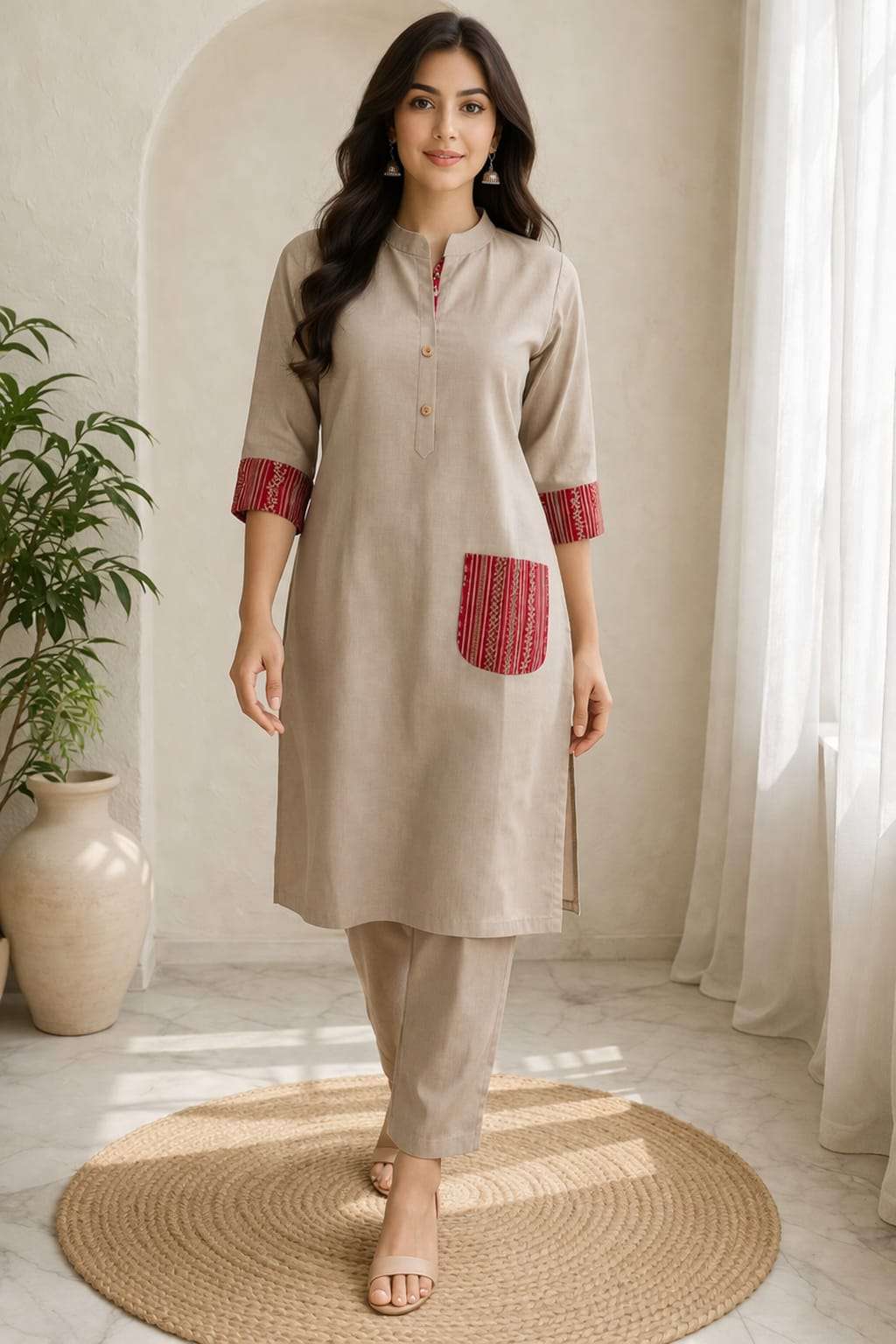 Kurti Set with Contrast Sleeve and Pocket