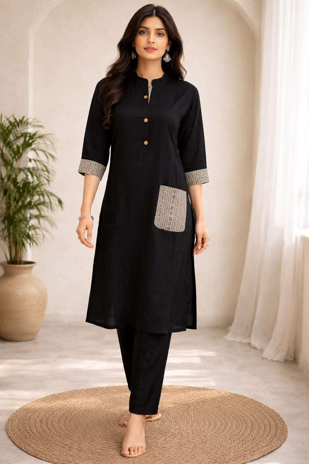 Kurti Set with Contrast Sleeve and Pocket