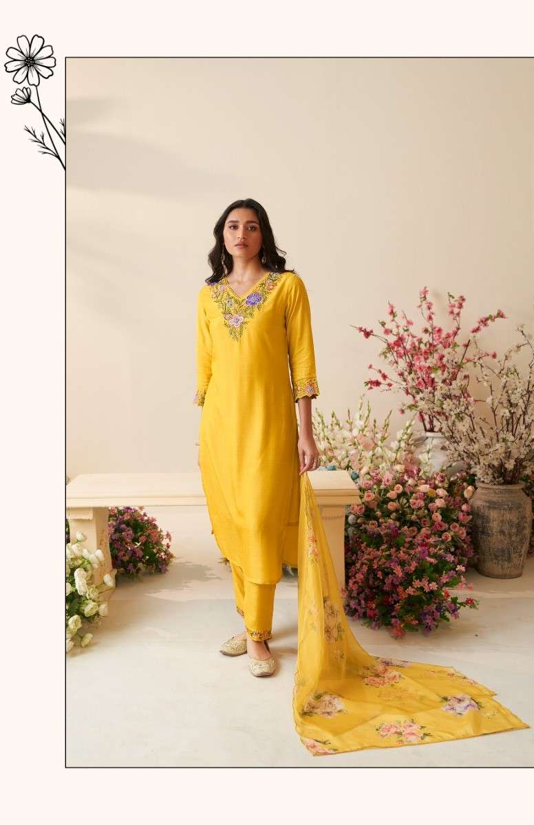Embroidered Kurta Pant Set with Floral Dupatta