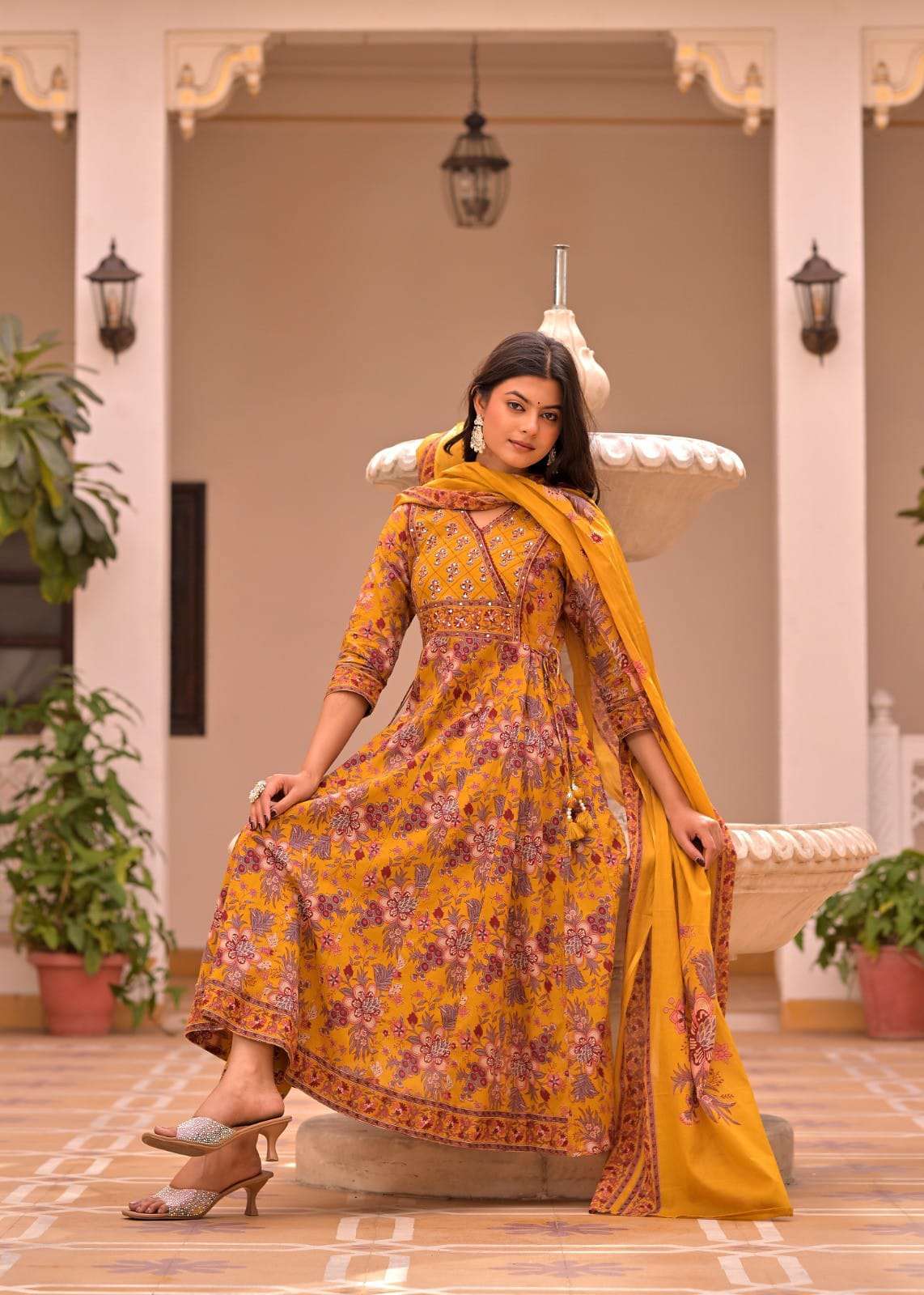Pure Cotton Mustard Floral Printed Anarkali set with Dupatta