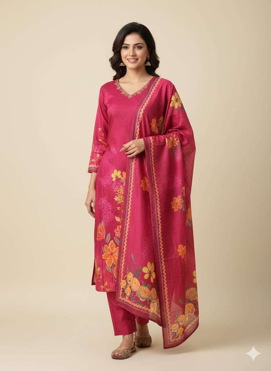 Vibrant Floral Kurti Set With Dupatta