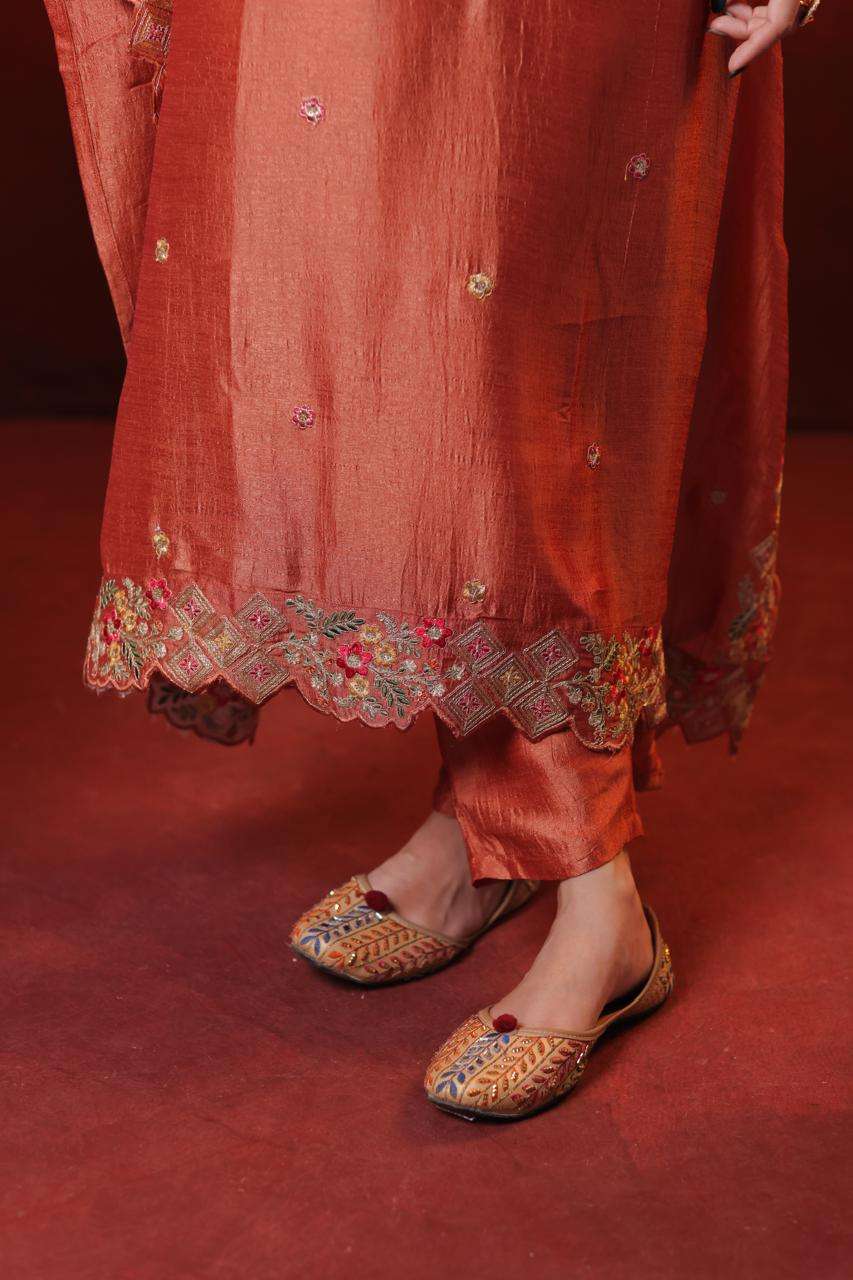 Burnt orange kaftan dress with embroidery and cut work