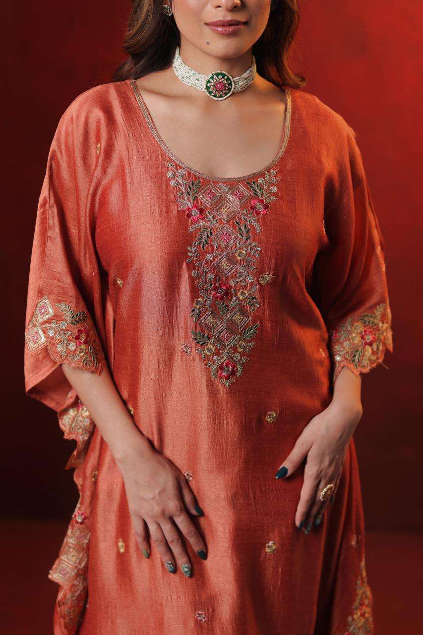 Burnt orange kaftan dress with embroidery and cut work
