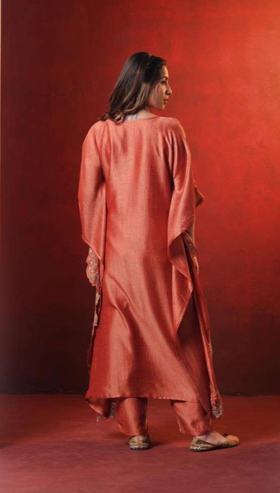 Burnt orange kaftan dress with embroidery and cut work