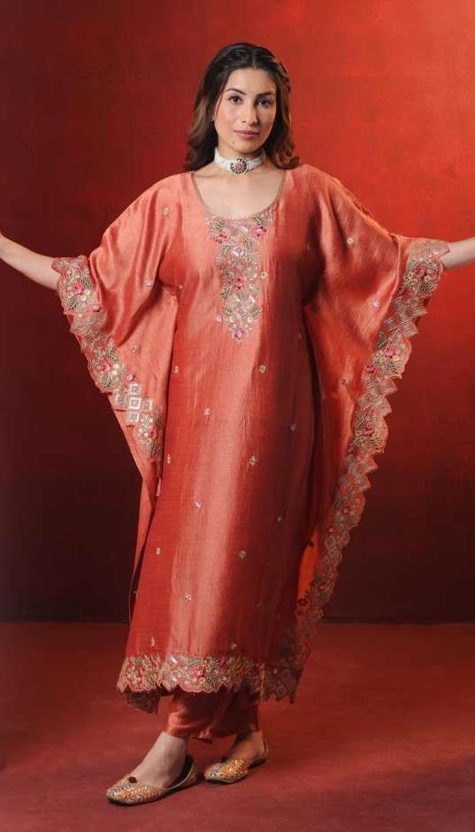 Burnt orange kaftan dress with embroidery and cut work