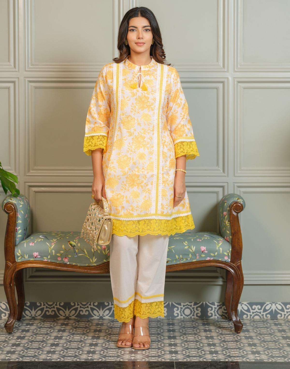 Casual wear floral co-ord set with lace finished