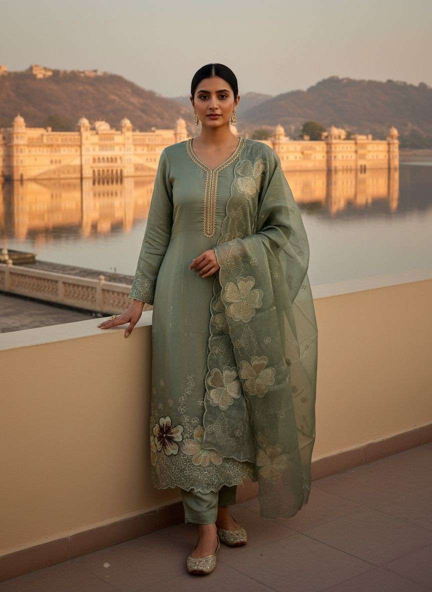 Designer roman silk kurti pant with dupatta