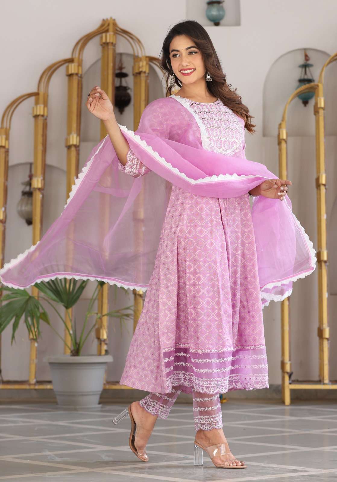 Embroidered cotton set with organza dupatta