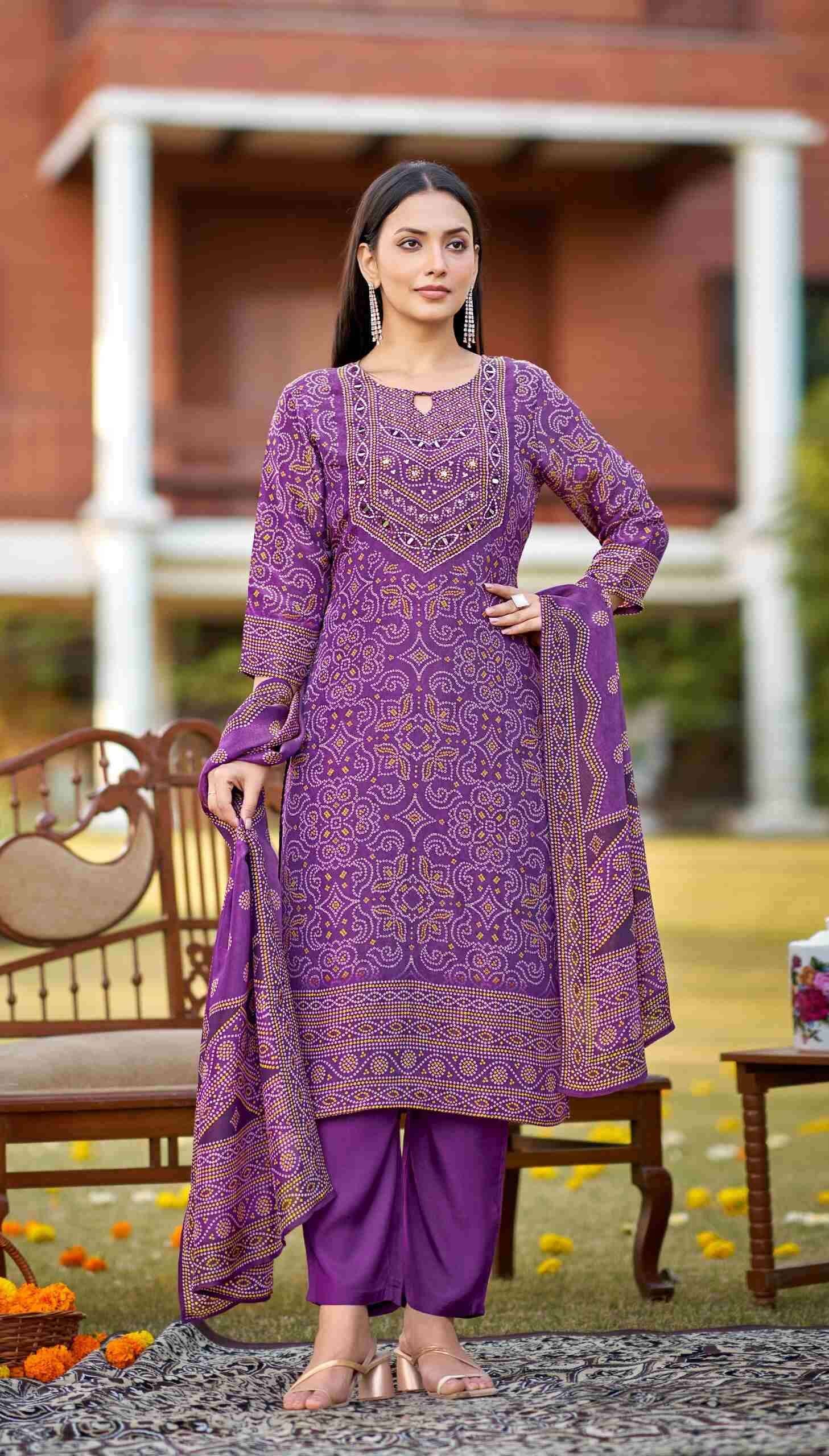 Purple shimmer digital print 3 piece kurti set